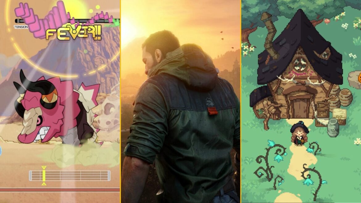 A composite image shows a colorful dinosaur-like creature, the protagonist of Dying Light: the Beast with his back to the camera, and the protagonist of Little Witch in the Woods standing outside of a cabin.