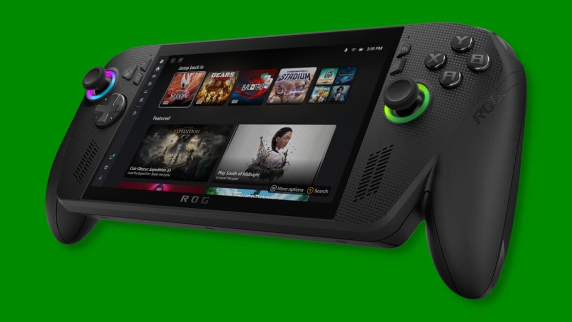 A ROG Xbox Ally X floats against a green background.