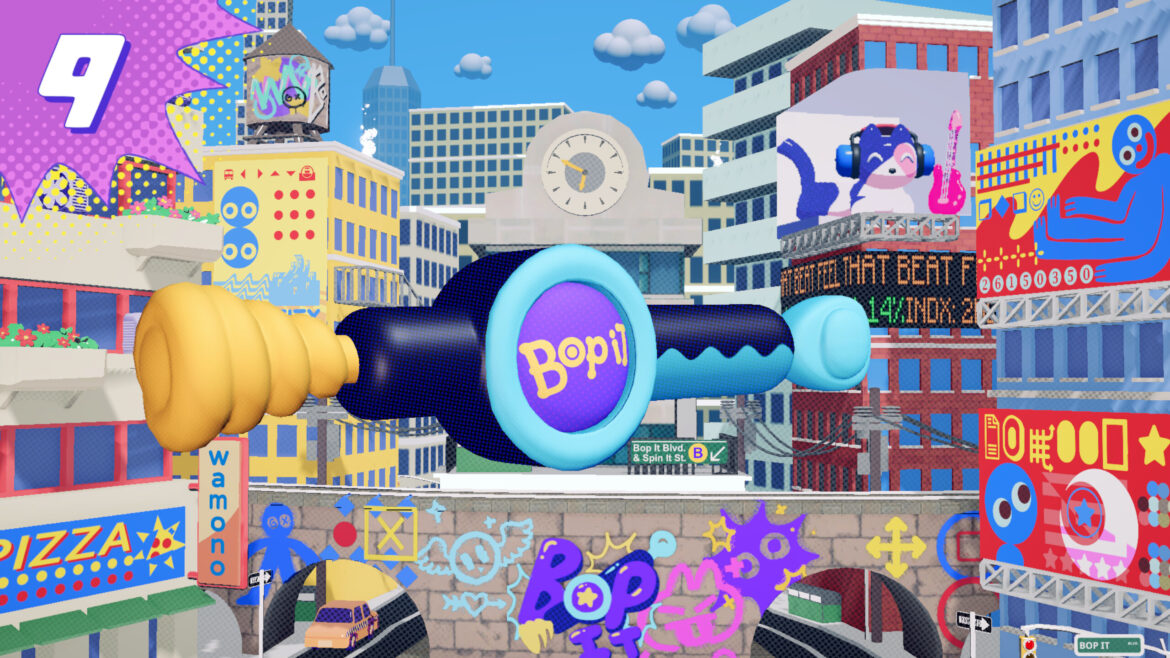 A Bop It! toy floating above a city