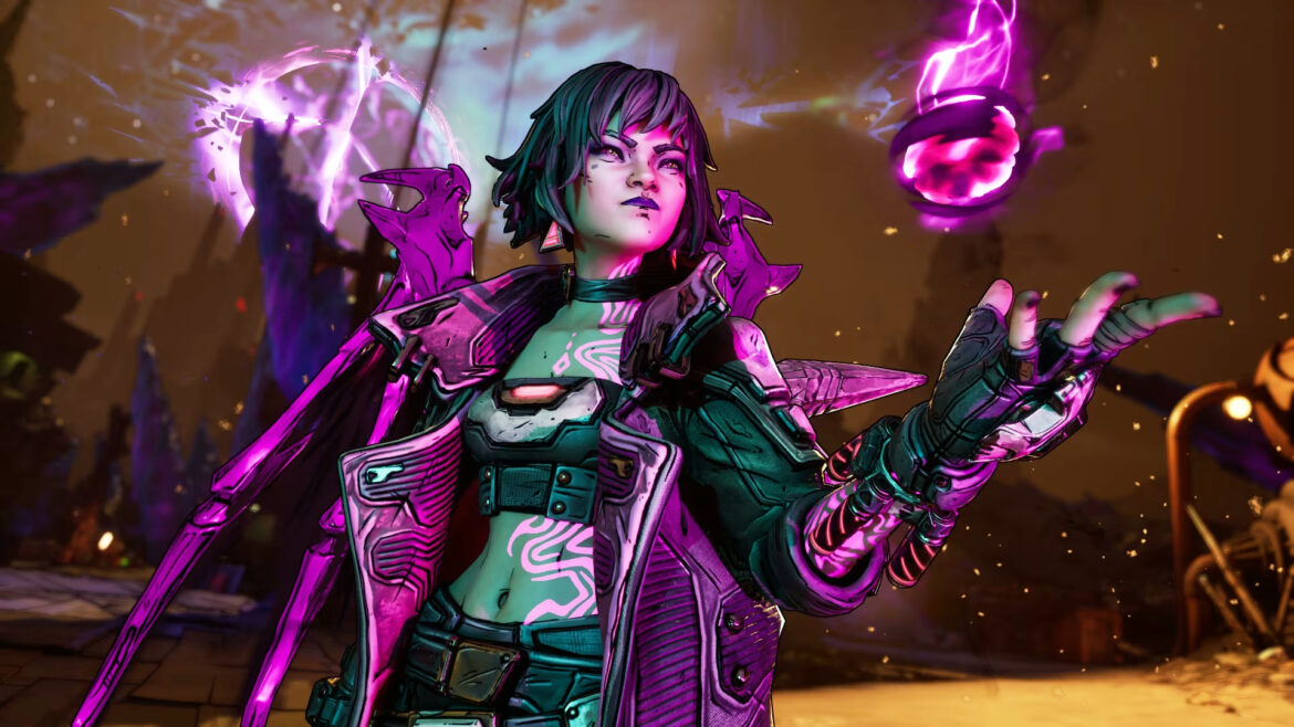The best weapon in Borderlands 4 isn’t a legendary—it’s some Borderlands 4 Quincunx Stellium: An upper-body shot of Vex holding a glowing orb in her left hand as she looks out in the distance.