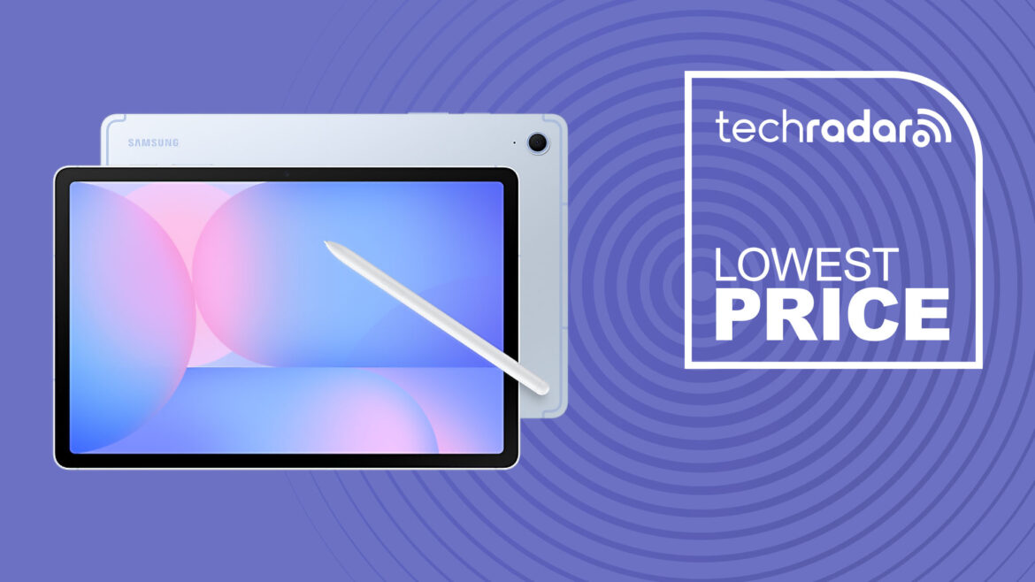 The budget-friendly Samsung Galaxy Tab S10 FE hits a record-low Samsung Galaxy Tab S10 FE in light blue with S Pen on purple background with TechRadar lowest price sign