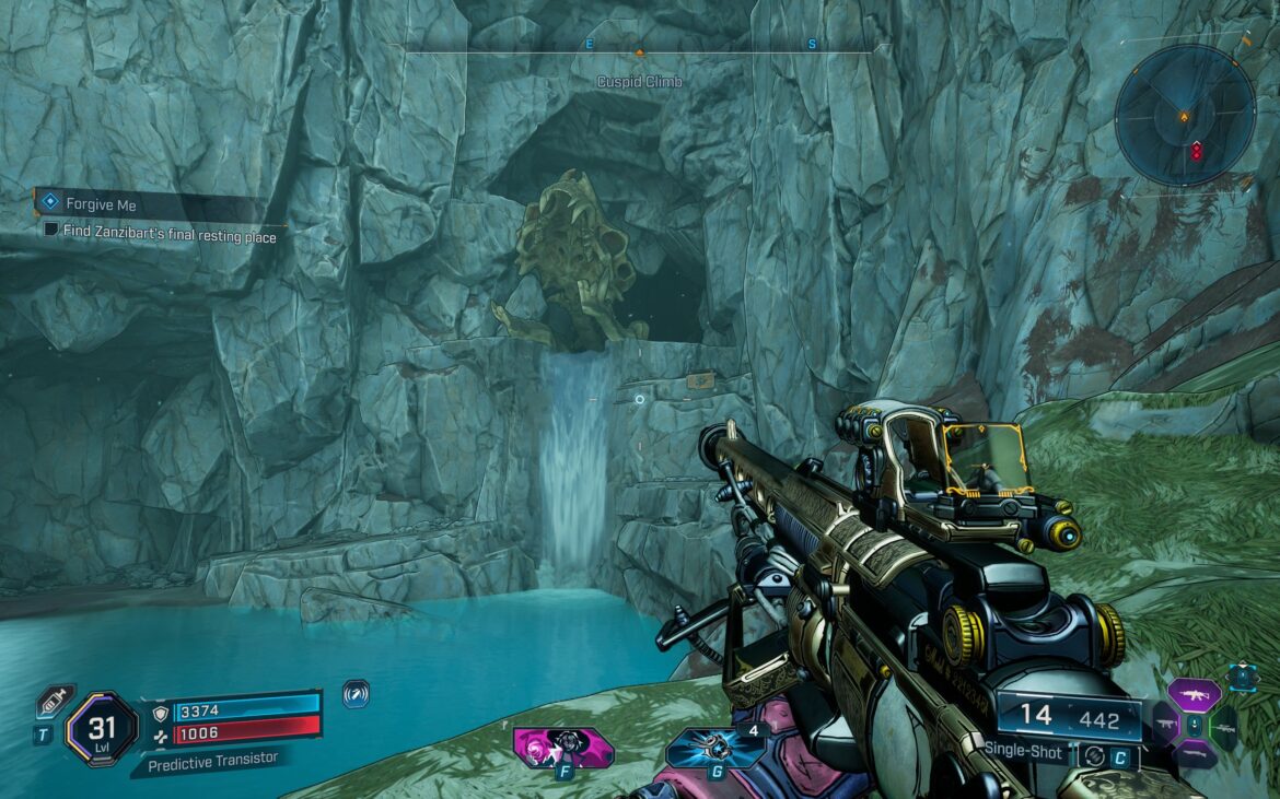 A cave with a skull and a waterfall where the Forgive Me quest begins