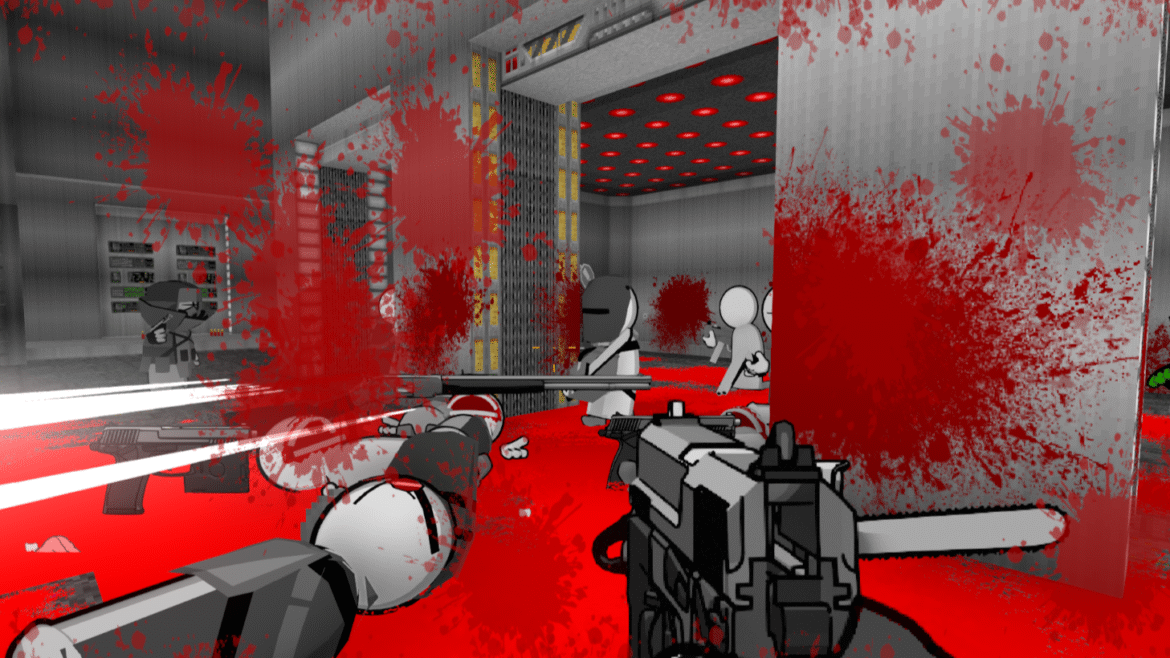 Madness characters lie in a vast pool of blood at the player's feet.