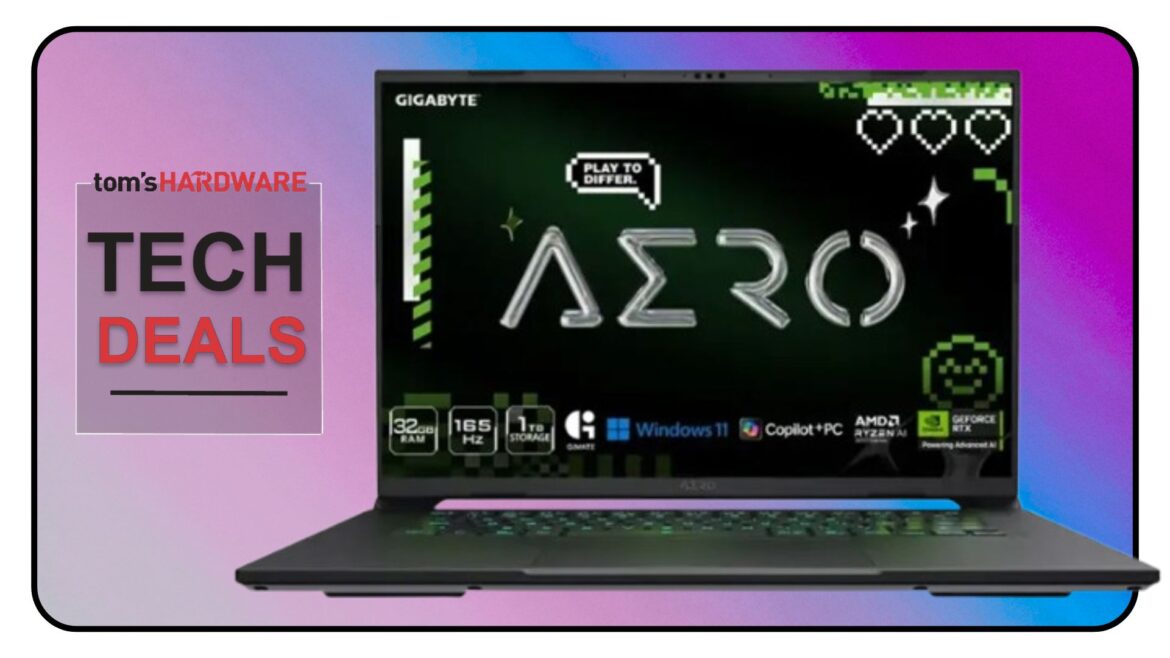 Tech Deals cover featuring a Gigabyte Aero X16 laptop computer