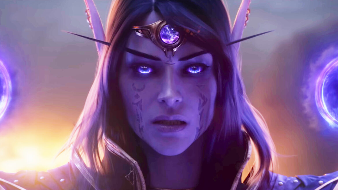 A screencap of the World of Warcraft: Midnight Gamescom 2025 Opening Night Live cinematic trailer. A dark-haired elf looks toward the viewer, her face covered in a violet hue.