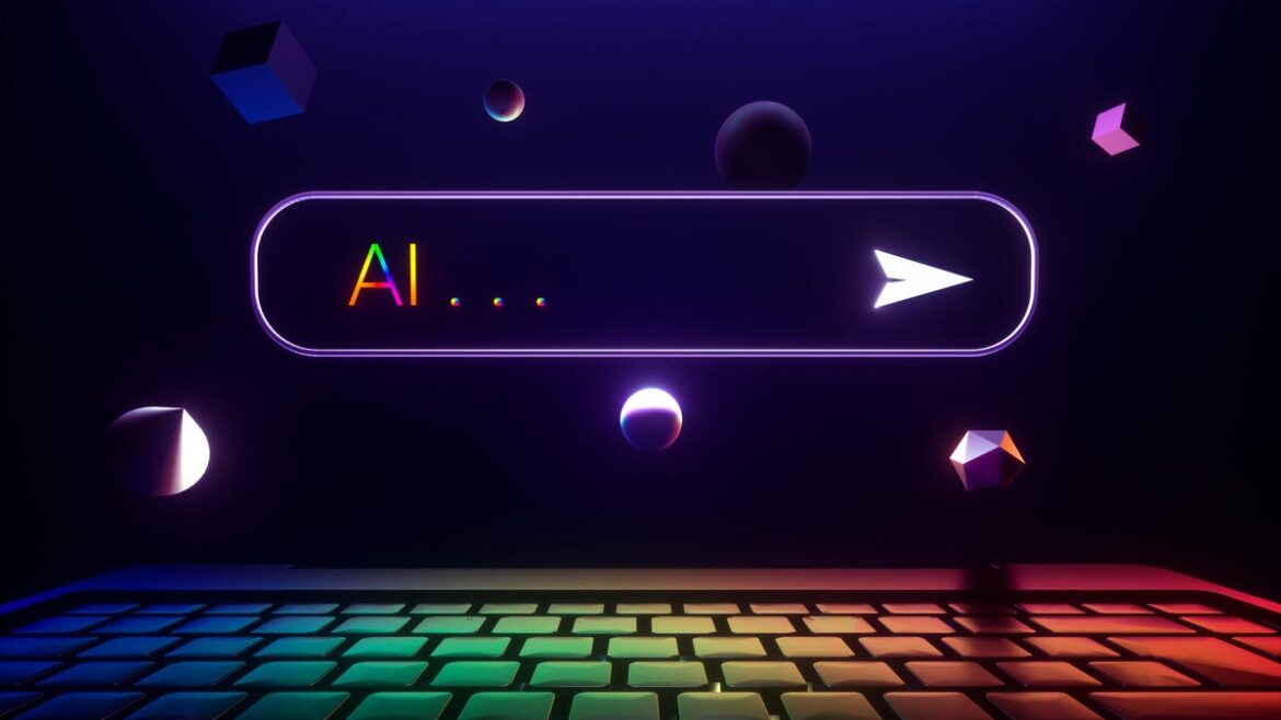 AI in a search bar above a rainbow-lit keyboard