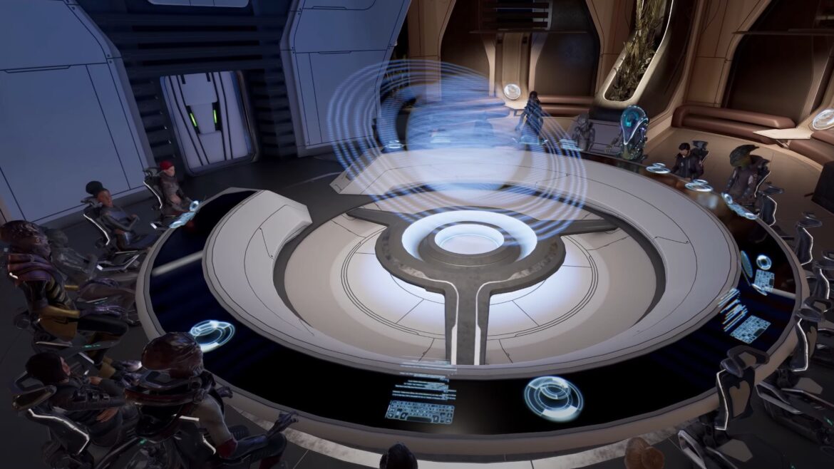 Alien ambassadors sit around a circular, white table with a holographic display of a ringed planet hovering above its centre.