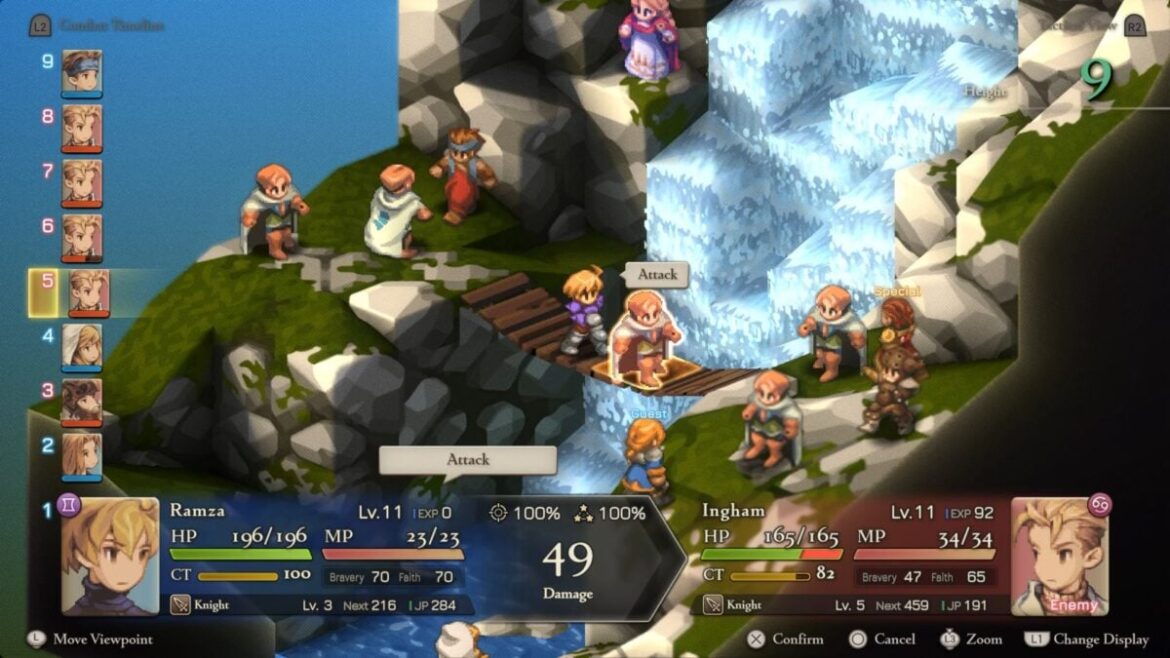 A screenshot shows a battle at a waterfall.