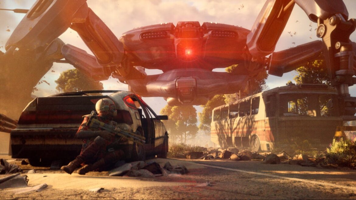 A player crouches behind a car to hide from a massive robot.