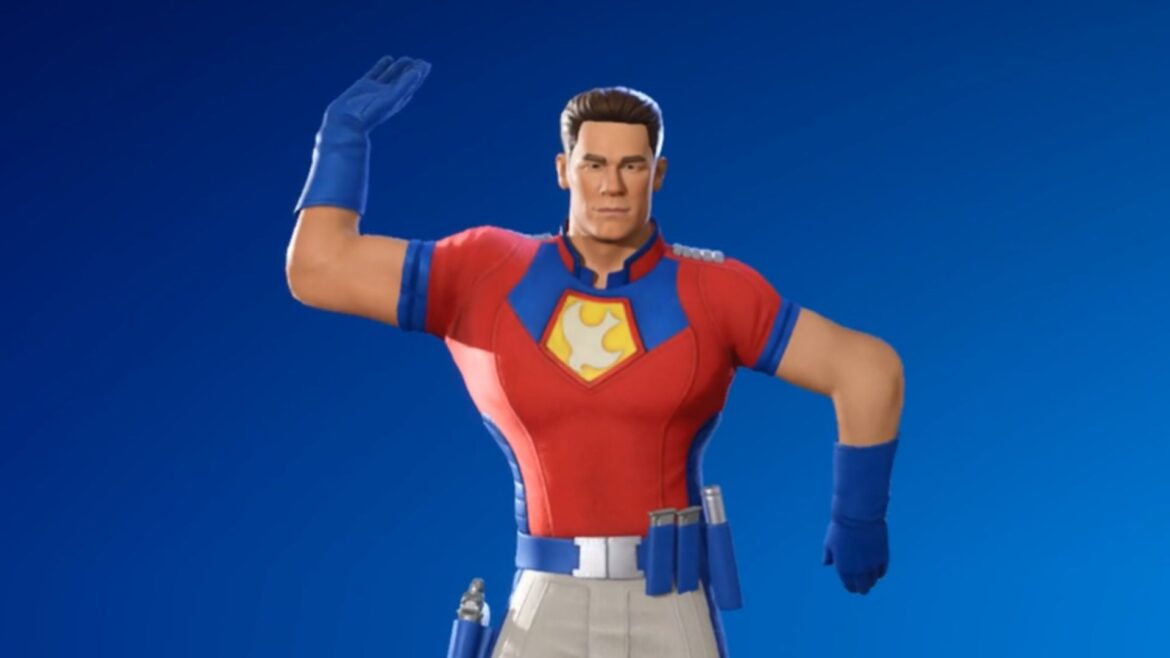 Peacemaker doing the Peaceful Hips emote.