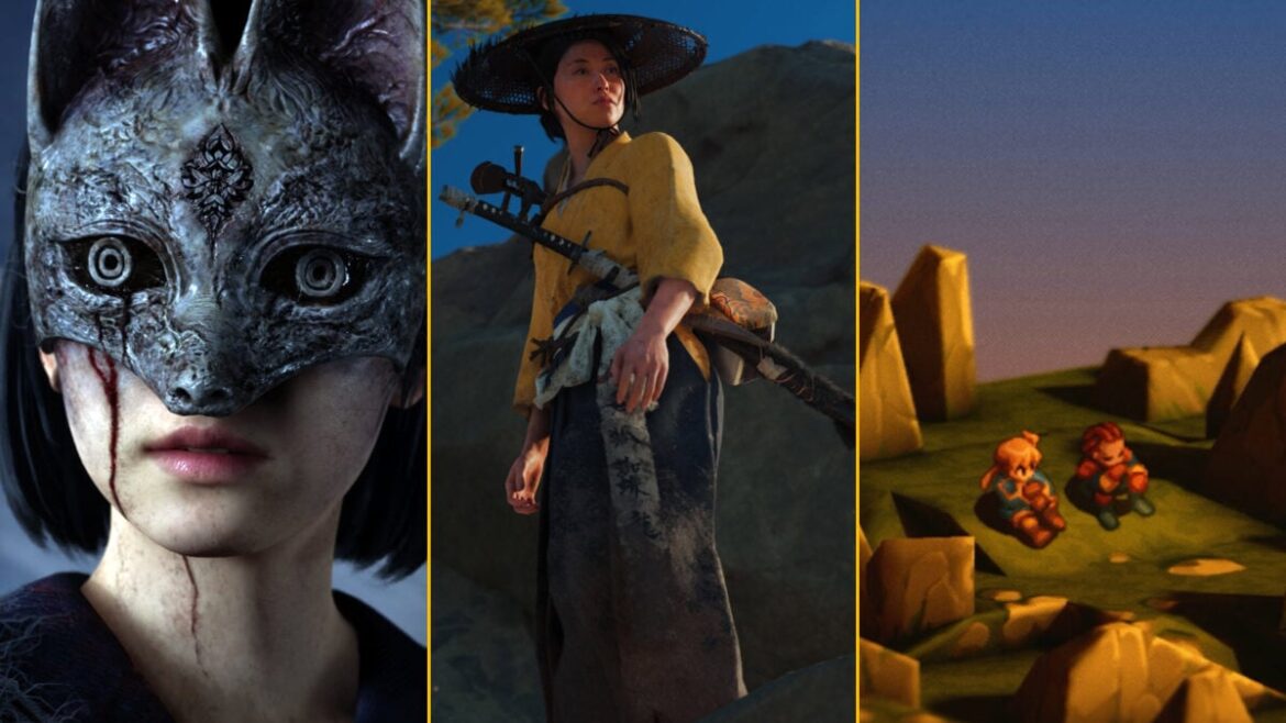 An image shows a woman wearing a fox mask, the protagonist of Ghost of Yotei, and characters from Final Fantasy Tactics.