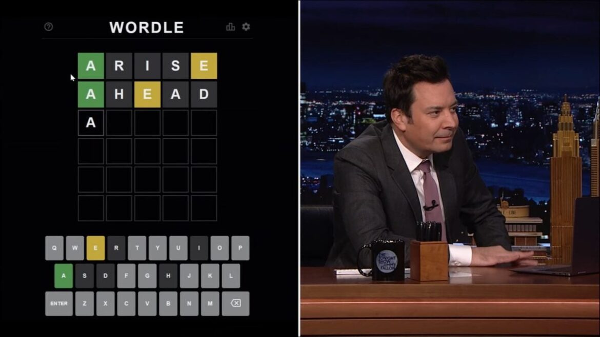 Jimmy Fallon playing Wordle on the Tonight Show.