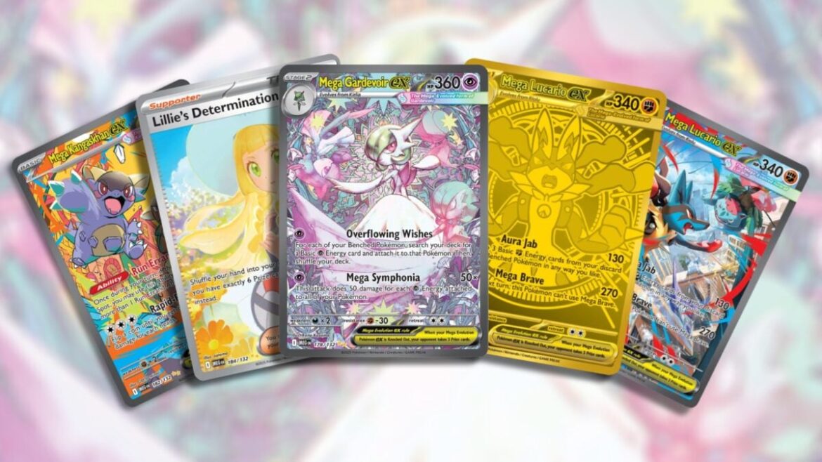 A spread of five Pokémon cards.