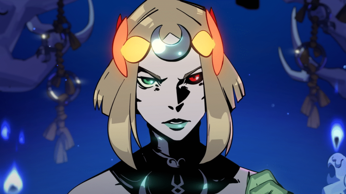 Melinoe, a young princess of the underworld, stares determined towards the screen with a resolved expression to slay Chronos.