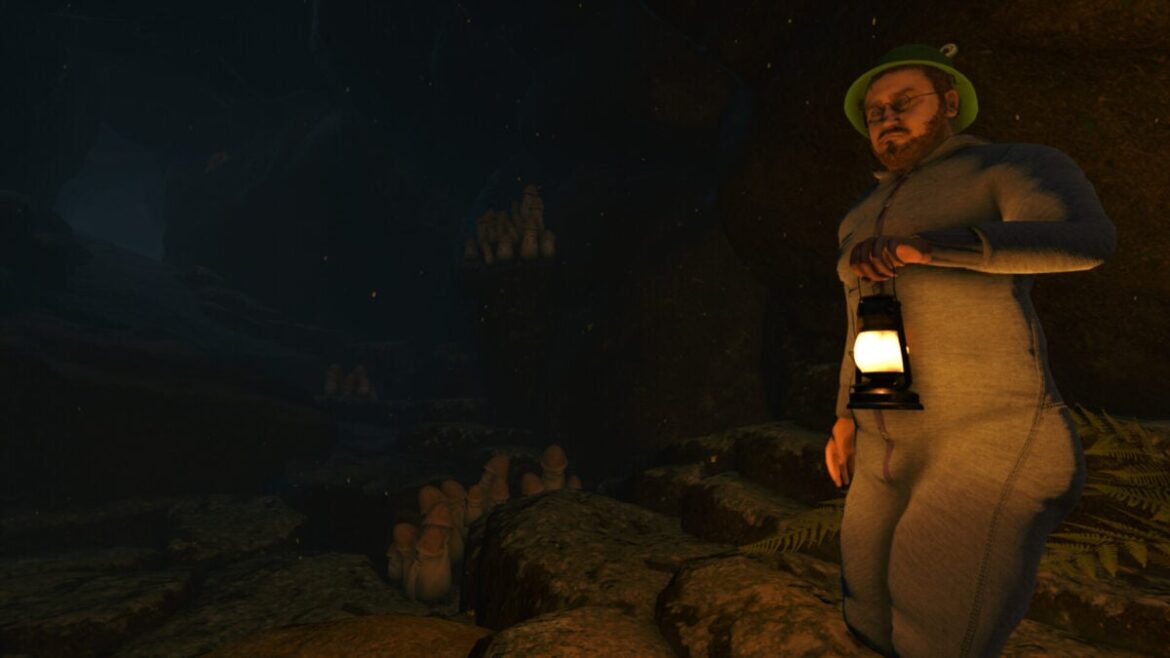 The protagonist of Baby Steps holds a lantern in the dark.